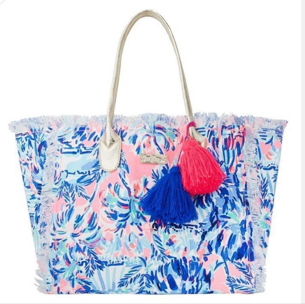 Lilly Pulitzer Pink and Blue Palm Fringe Tote with Tassels